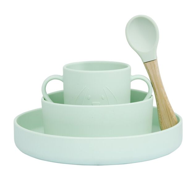 Coffret repas B&eacute;b&eacute; silicone 4 pi&egrave;ces vert et bois