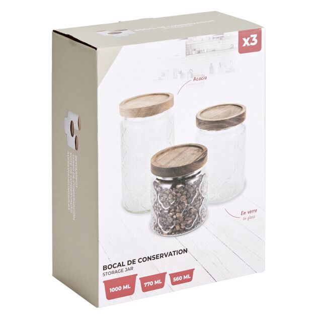 Bocal x3 verre transparent avec couvercle bois acacia 560/770/1000ml