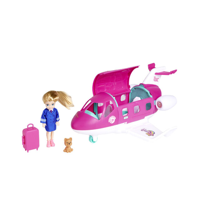 Jouet avion rose avec poup&eacute;e et accessoires