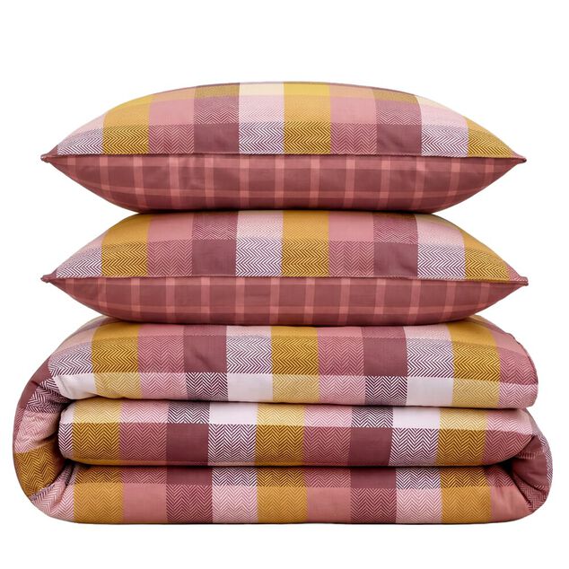 Parure de lit 2 personnes 220x240cm 2 taies 63x63cm coton carreaux rouge et orange