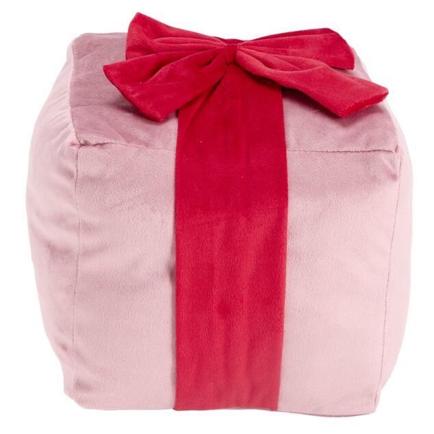 Coussin carr&eacute; forme cadeau de No&euml;l ruban polyester L20X20XH20 cm (2 mod&egrave;les vert ou rose)