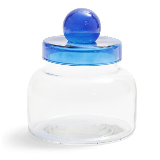 Bo&icirc;te en verre transparent + couvercle bleu &Oslash;12xH16cm