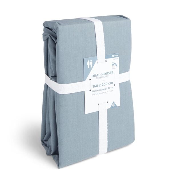 Drap housse 160x200cm 100% coton bleu chin&eacute;