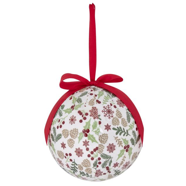 Boule de No&euml;l motif traditionnel houx flocon de neige rouge et blanc &Oslash;12cm
