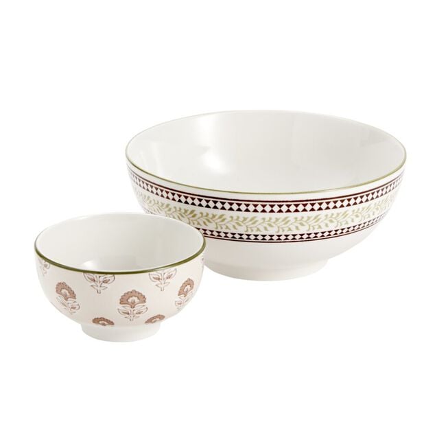 Service saladier porcelaine &Oslash;20cm avec 6 bols &Oslash;11,5cm motif Indie beige