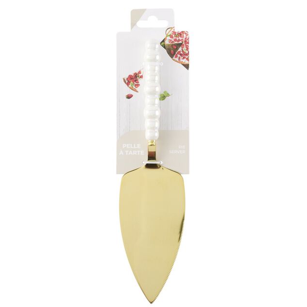 Pelle &agrave; tarte inox et plastique dor&eacute; manche perles L25X6XH3 cm