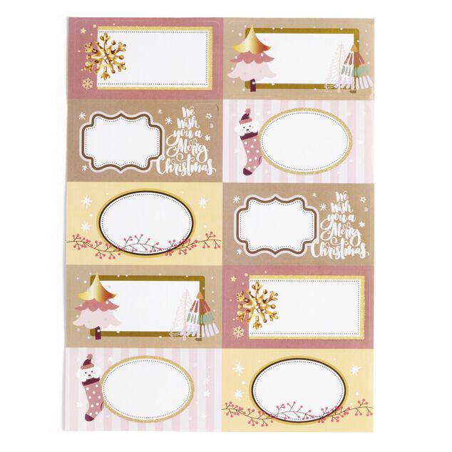 &Eacute;tiquette cadeau autocollante Merry Christmas rose 4x8cm x10