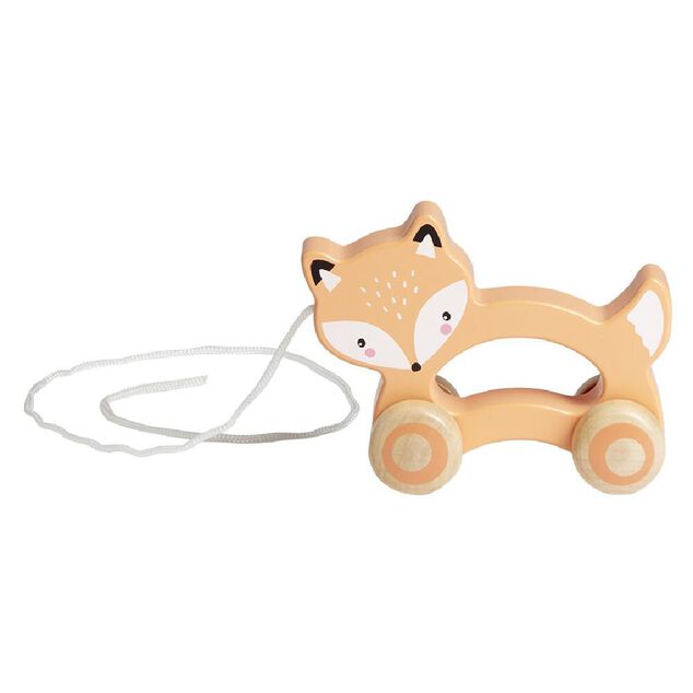 Animal &agrave; roulettes renard en bois orange H12cm