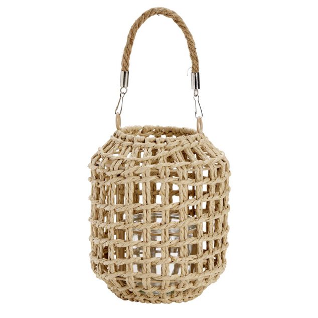 Lanterne d&eacute;corative verre et papier tress&eacute; beige &Oslash;15xH18cm