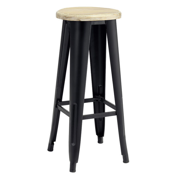Tabouret m&eacute;tal et bois New York noir et naturel &Oslash;30xH70cm