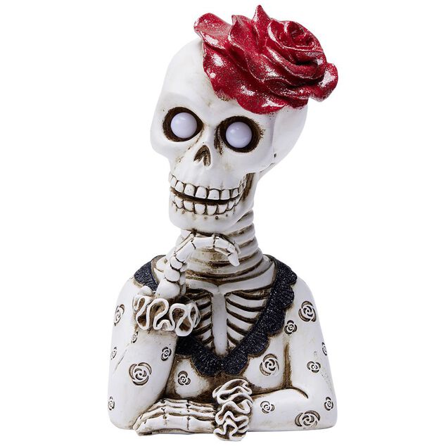 Squelette lady Halloween LED polyr&eacute;sine noir et blanc avec rose rouge