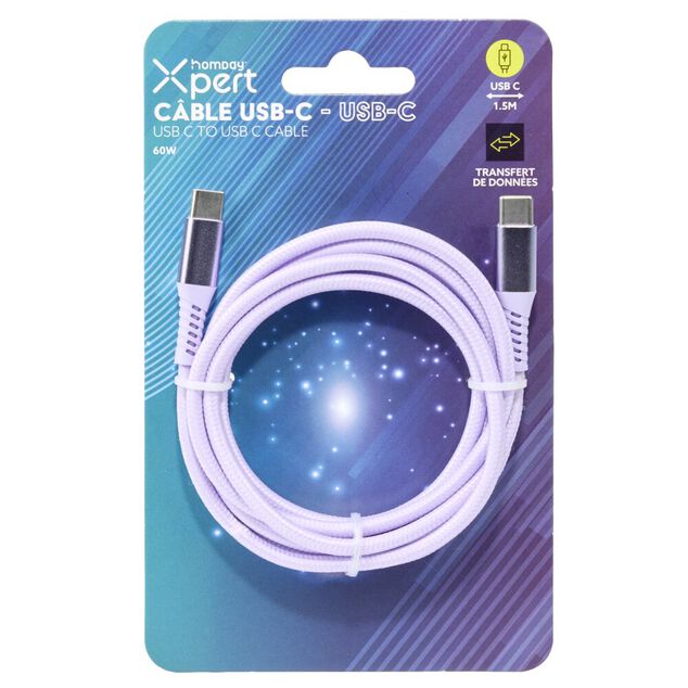 C&acirc;ble de charge USB vers USB-C nylon 1,5m (2 mod&egrave;les bleu ou violet)