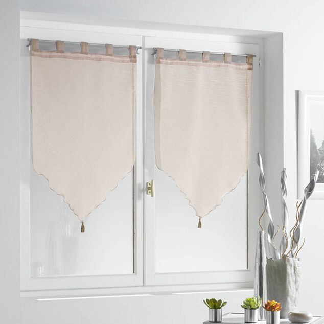 Vitrage &agrave; pattes voile uni taupe finition pointe pompon 60x90 cm x2