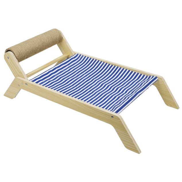 Lit pour chat bois tissu marini&egrave;re et grattoir 58xH20x31cm