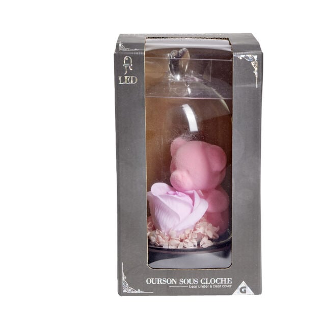 Ourson rose sous cloche en verre LED avec rose &eacute;ternelle &Oslash;12xH20cm