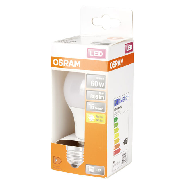 Ampoule LED E27 A60 blanc chaud Osram 8,5W=60W 806lms classe F