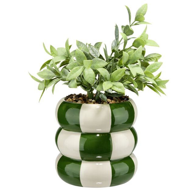 Plante grasse artificielle pot rond c&eacute;ramique damier vert et blanc &Oslash;12xH28cm