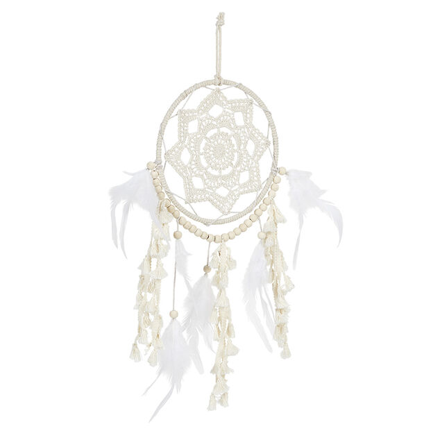 Attrape r&ecirc;ves macram&eacute; perle plume beige et blanc