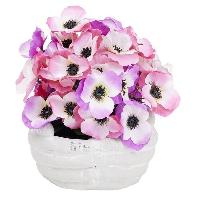 Fleurs artificielles dans vase en ciment forme mains &Oslash;26xH21cm