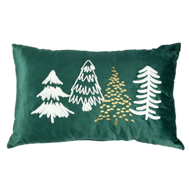 Coussin rectangulaire velours imprim&eacute; sapins de No&euml;l polyester L50X30 cm vert