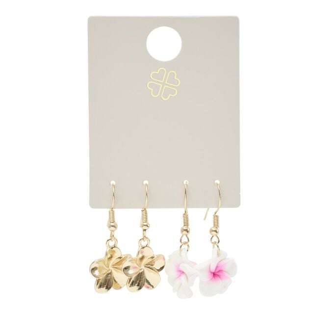 Boucles d'oreilles 2 paires fleur de tiar&eacute; rose et blanc m&eacute;tal dor&eacute; L2,5cm