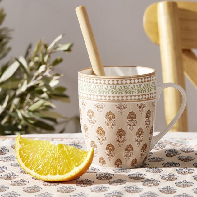Mug c&eacute;ramique motif floral Indie &Oslash;9,5xH8cm (2 mod&egrave;les beige ou vert)