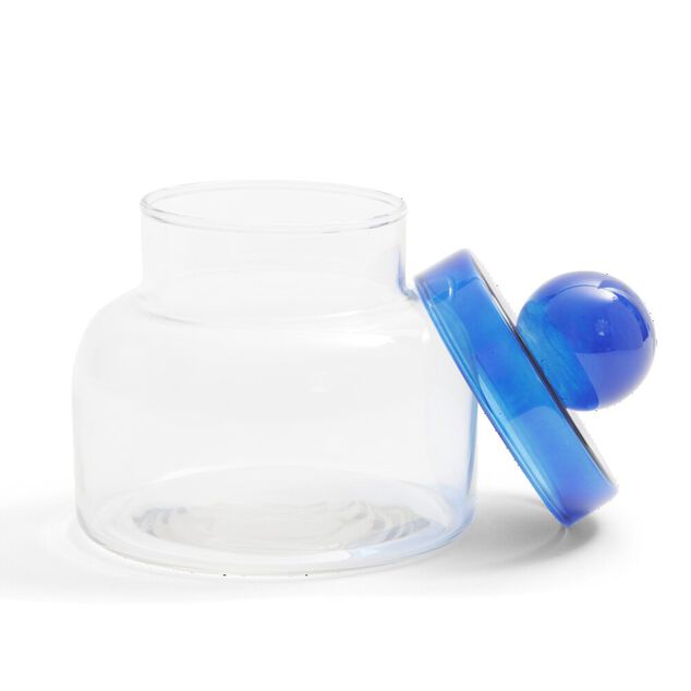 Bo&icirc;te en verre transparent + couvercle bleu &Oslash;12xH16cm