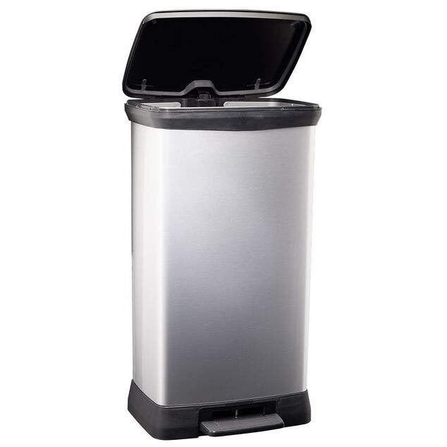 Poubelle &agrave; p&eacute;dale plastique noir gris argent&eacute; 50L