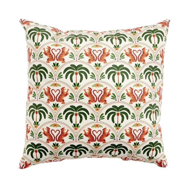 Coussin carr&eacute; style ethnique motifs palmiers et tigres queues forme coeur 40x40cm