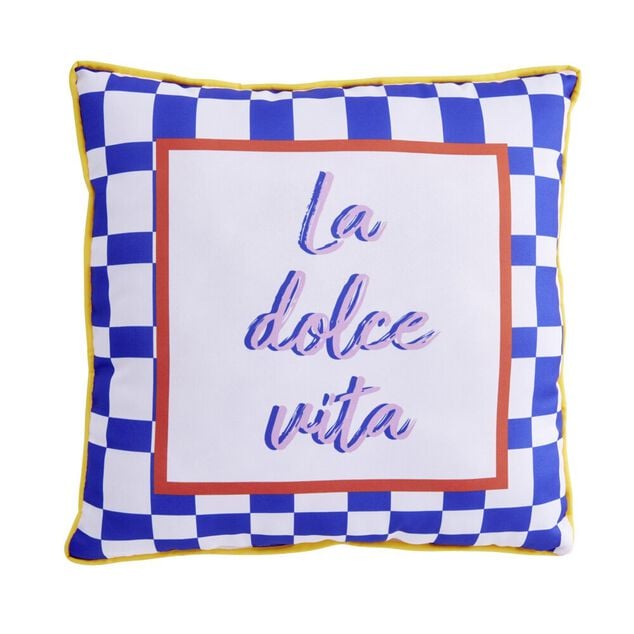 Coussin carr&eacute; inscription La Dolce Vita bleu et blanc 40x40cm
