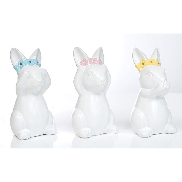 Lapin de la sagesse &agrave; poser c&eacute;ramique blanc &Oslash;6xH12cm x3