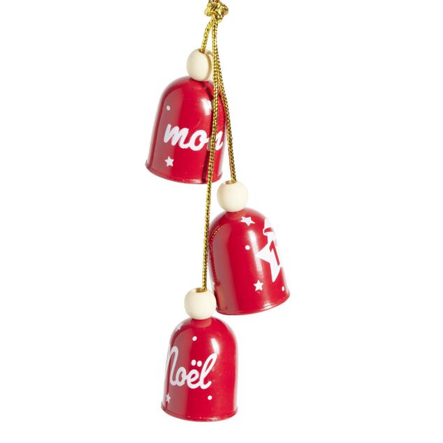 Suspension 3 clochettes "Mon 1er No&euml;l" rouge ou dor&eacute;e H10cm- 2 mod&egrave;les