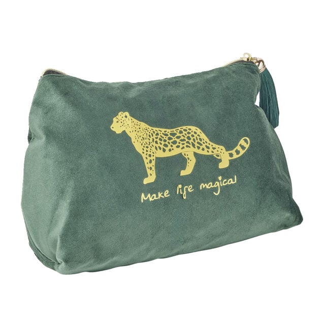 Trousse de toilette tissu doux vert &eacute;meraude motif l&eacute;opard 27x10xH19,5cm