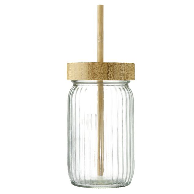 Gobelet en verre stri&eacute; avec paille et bouchon en bambou &Oslash;8cm H14,5cm