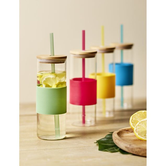 Gobelet en verre et bambou avec silicone bleu Ø6,5xH18cm