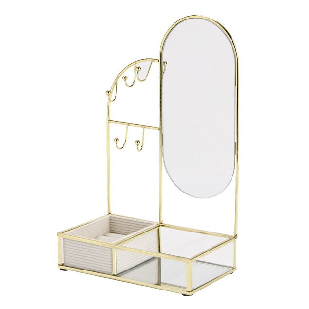 Porte-bijoux avec miroir et rangement m&eacute;tal jaune dor&eacute; 18x10xH28,5cm