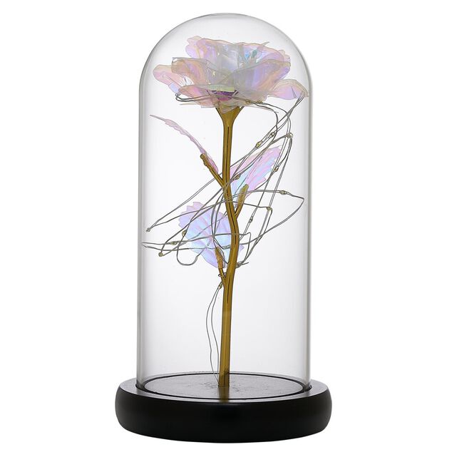 Rose iridescente &agrave; led sous cloche