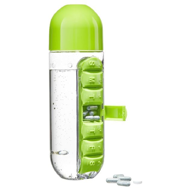 Gourde pilulier hebdomadaire transparente et verte
