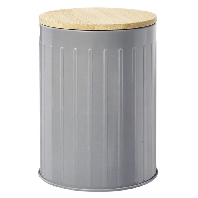 Bo&icirc;te ronde m&eacute;tal emboss&eacute;e avec couvercle bambou &Oslash;10xH13,5cm