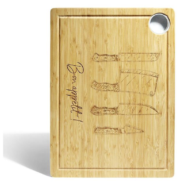 Planche &agrave; d&eacute;couper bambou avec rigole et r&eacute;cup&eacute;rateur de jus 38x28x1,5cm