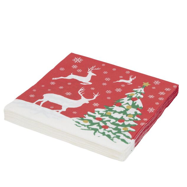 Serviette en papier 4 plis X20 pcs imprim&eacute; paysage enneig&eacute; et rennes 33X33 cm rouge
