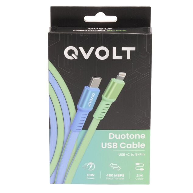 C&acirc;ble USB-C vers Lightning charge rapide bicolore vert et bleu 2m
