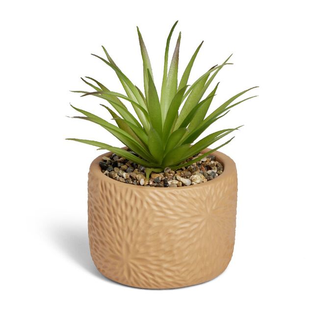 Plante artificielle verte pot ciment relief terracotta Ø10xH17cm
