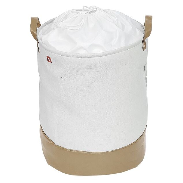 Panier &agrave; linge rond blanc et beige 56L