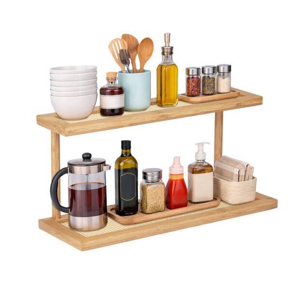 &Eacute;tag&egrave;re de cuisine en bois et bambou 2 niveaux effet tress&eacute; 40x15xH20cm