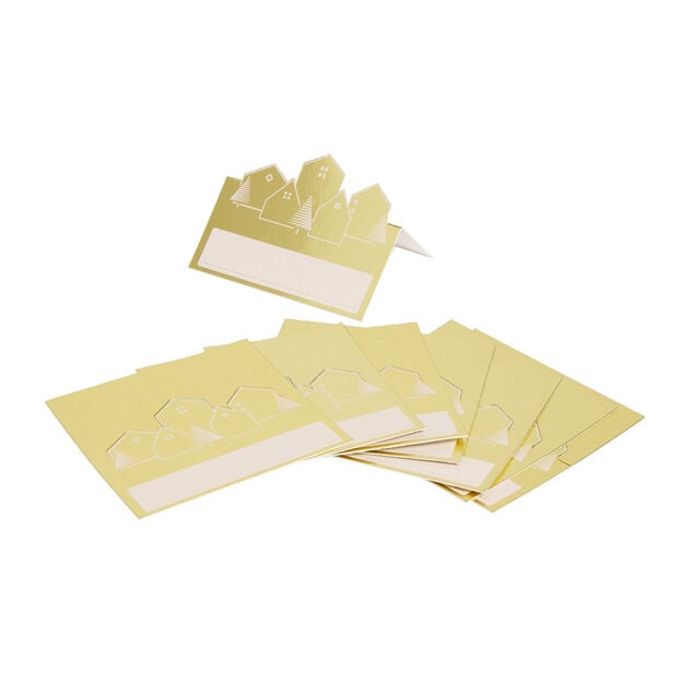 Porte nom No&euml;l en papier dor&eacute; motifs sapins et maisons 8 pi&egrave;ces