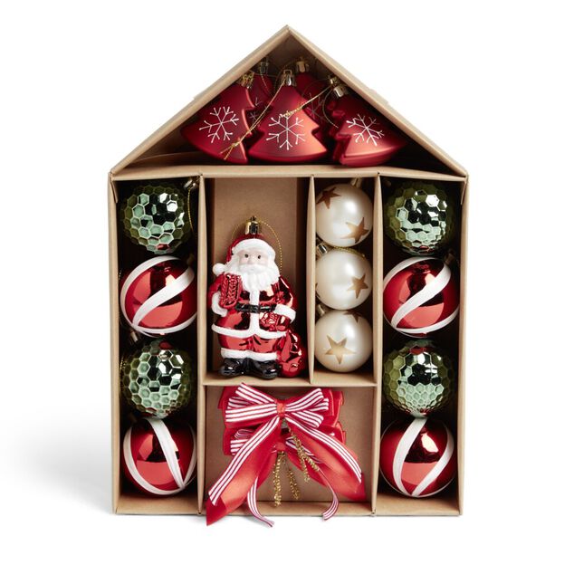 Kit d&eacute;coration sapin de No&euml;l traditionnel rouge et vert 20 pi&egrave;ces