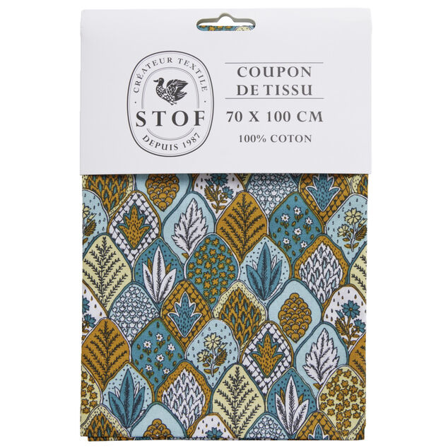 Coupon tissu imprim&eacute; Herboriste 70x100cm coton jaune moutarde