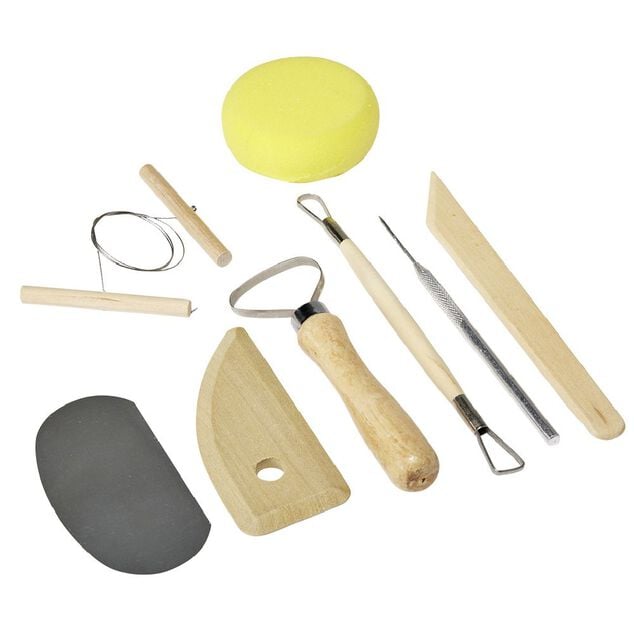 Accessoire pour poterie en bois et m&eacute;tal 8 pi&egrave;ces