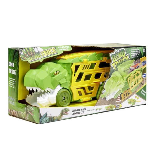 Camion transporteur dinosaure avec 4 v&eacute;hicules vert 44x29xH19cm